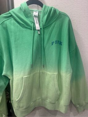 PINK Victoria's Secret Green Ombre Zip-Up Hoodie with Blue Logo